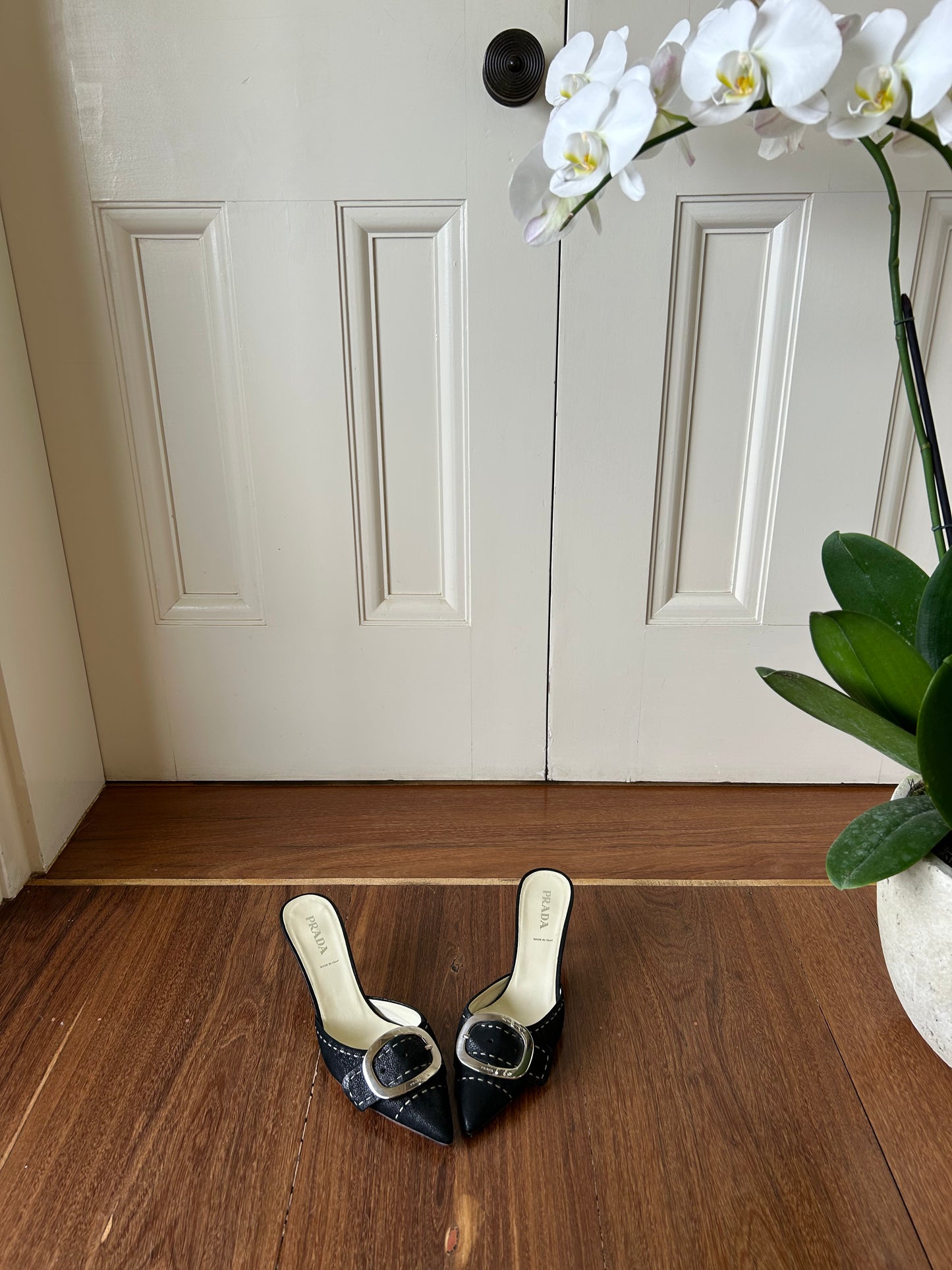 Prada Buckle Leather Mules