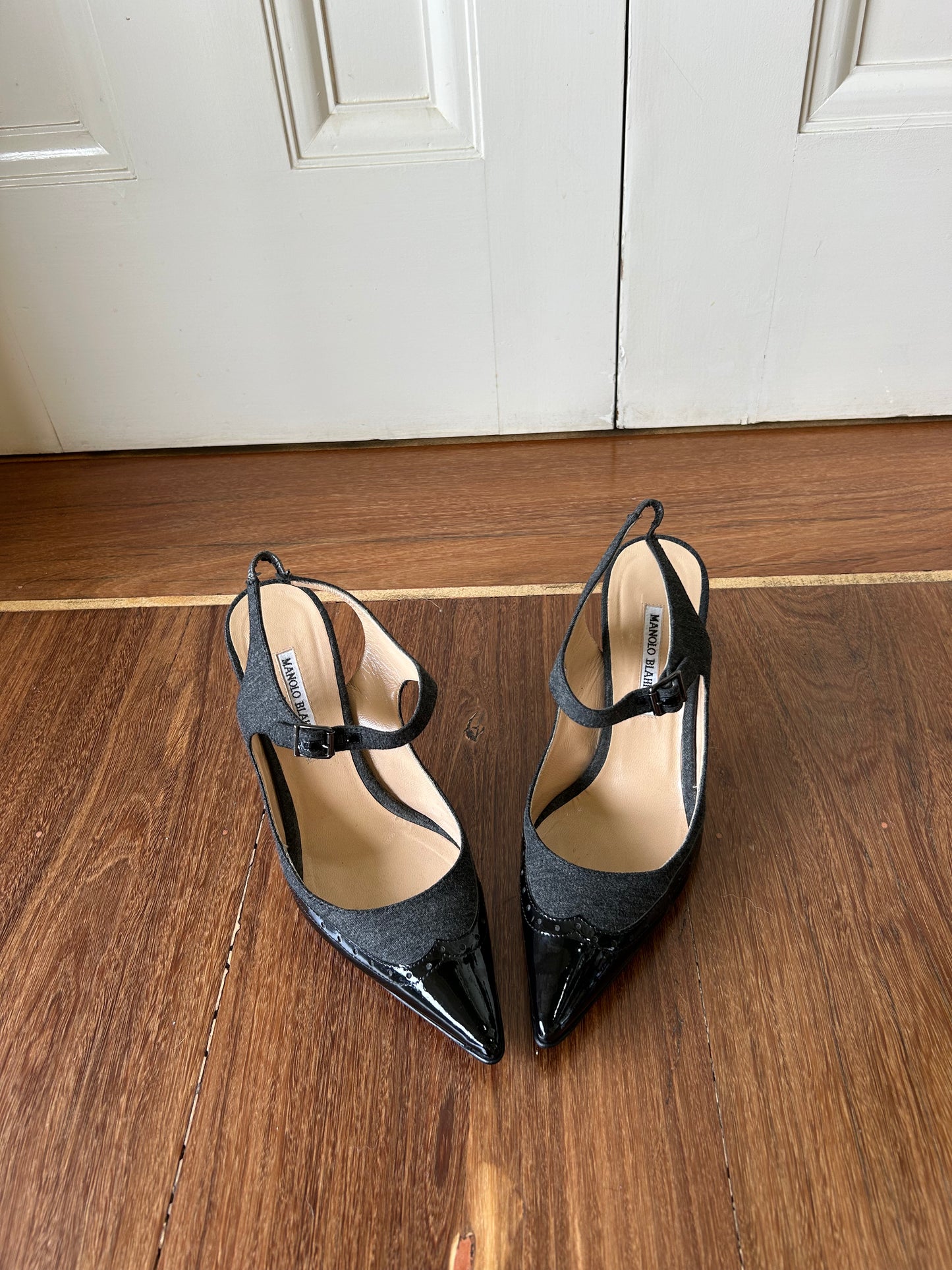 Manolo Blahnik Patent Leather Colorblock Pattern Slingback Pumps