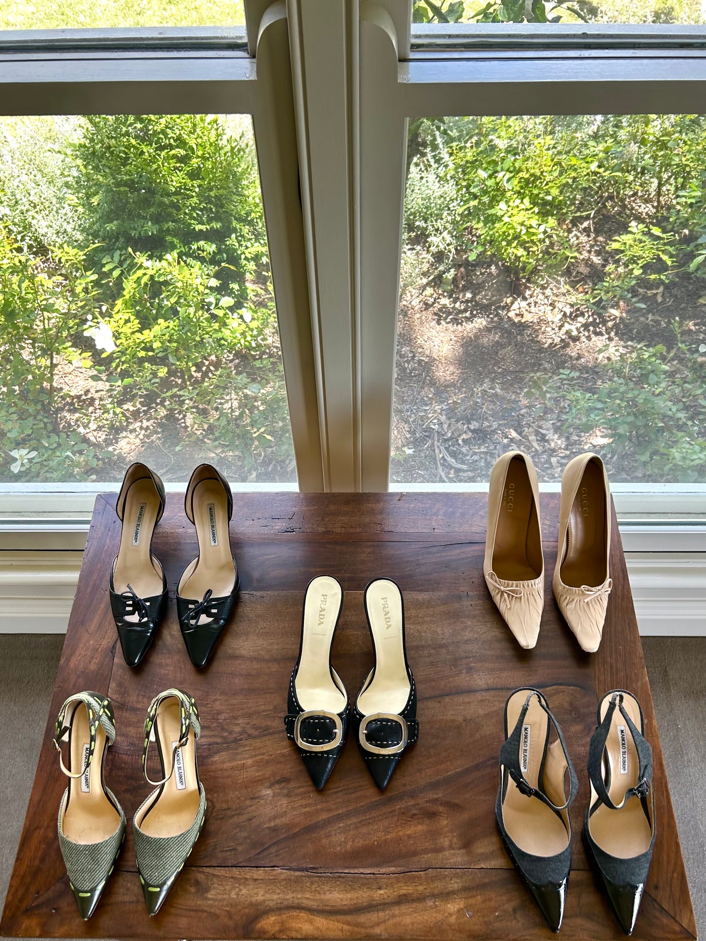 Manolo Blahnik Patent Leather Colorblock Pattern Slingback Pumps